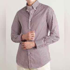 Brunello Cucinelli White and Maroon Striped Cotton Sports Shirt